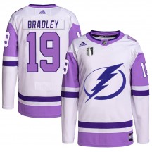 Youth Adidas Tampa Bay Lightning Brian Bradley White/Purple Hockey Fights Cancer Primegreen 2022 Stanley Cup Final Jersey - Auth
