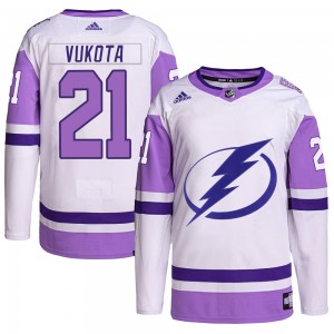 Youth Adidas Tampa Bay Lightning Mick Vukota White/Purple Hockey Fights Cancer Primegreen Jersey - Authentic