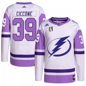 Youth Adidas Tampa Bay Lightning Enrico Ciccone White/Purple Hockey Fights Cancer Primegreen 2022 Stanley Cup Final Jersey - Aut