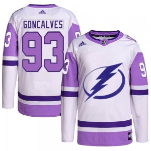 Youth Adidas Tampa Bay Lightning Gage Goncalves White/Purple Hockey Fights Cancer Primegreen 2022 Stanley Cup Final Jersey - Aut
