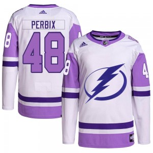Youth Adidas Tampa Bay Lightning Nick Perbix White/Purple Hockey Fights Cancer Primegreen 2022 Stanley Cup Final Jersey - Authen