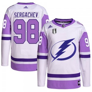 Youth Adidas Tampa Bay Lightning Mikhail Sergachev White/Purple Hockey Fights Cancer Primegreen 2022 Stanley Cup Final Jersey - 