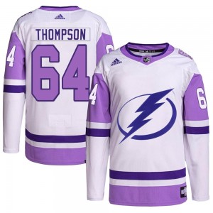 Youth Adidas Tampa Bay Lightning Jack Thompson White/Purple Hockey Fights Cancer Primegreen 2022 Stanley Cup Final Jersey - Auth
