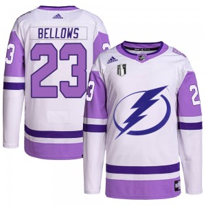 Men's Adidas Tampa Bay Lightning Brian Bellows White/Purple Hockey Fights Cancer Primegreen 2022 Stanley Cup Final Jersey - Auth