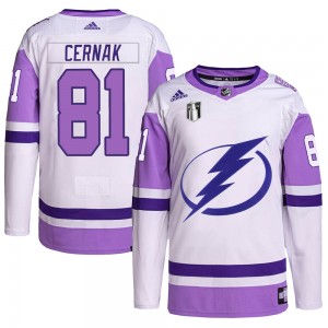 Men's Adidas Tampa Bay Lightning Erik Cernak White/Purple Hockey Fights Cancer Primegreen 2022 Stanley Cup Final Jersey - Authen
