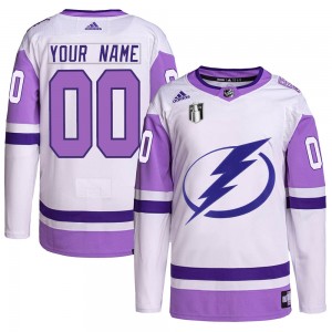 Men's Adidas Tampa Bay Lightning Custom White/Purple Custom Hockey Fights Cancer Primegreen 2022 Stanley Cup Final Jersey - Auth