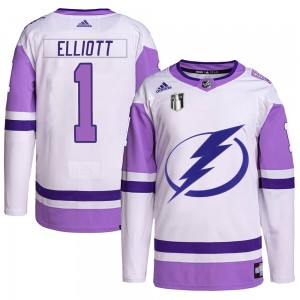Men's Adidas Tampa Bay Lightning Brian Elliott White/Purple Hockey Fights Cancer Primegreen 2022 Stanley Cup Final Jersey - Auth