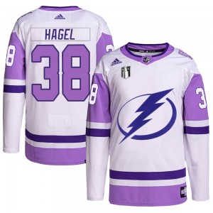 Men's Adidas Tampa Bay Lightning Brandon Hagel White/Purple Hockey Fights Cancer Primegreen 2022 Stanley Cup Final Jersey - Auth