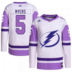Men's Adidas Tampa Bay Lightning Philippe Myers White/Purple Hockey Fights Cancer Primegreen 2022 Stanley Cup Final Jersey - Aut