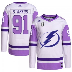 Men's Adidas Tampa Bay Lightning Steven Stamkos White/Purple Hockey Fights Cancer Primegreen 2022 Stanley Cup Final Jersey - Aut