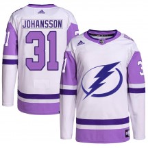 Youth Adidas Tampa Bay Lightning Jonas Johansson White/Purple Hockey Fights Cancer Primegreen 2022 Stanley Cup Final Jersey - Au
