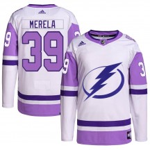Men's Adidas Tampa Bay Lightning Waltteri Merela White/Purple Hockey Fights Cancer Primegreen 2022 Stanley Cup Final Jersey - Au